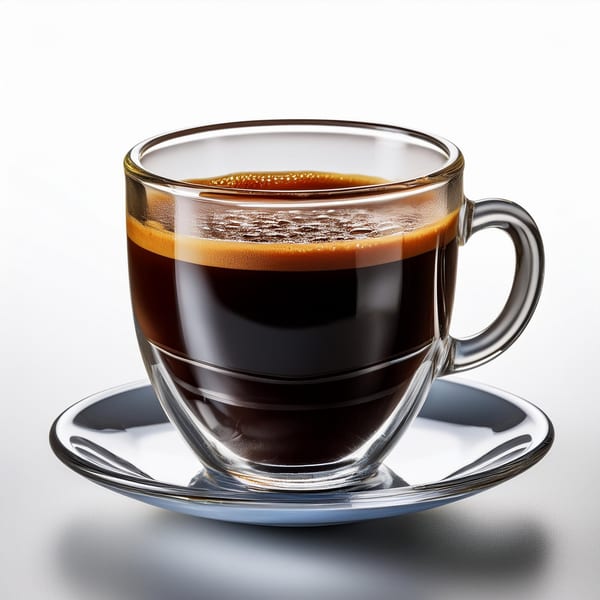 A clear glass cup of dark espresso with crema sits on a matching saucer.