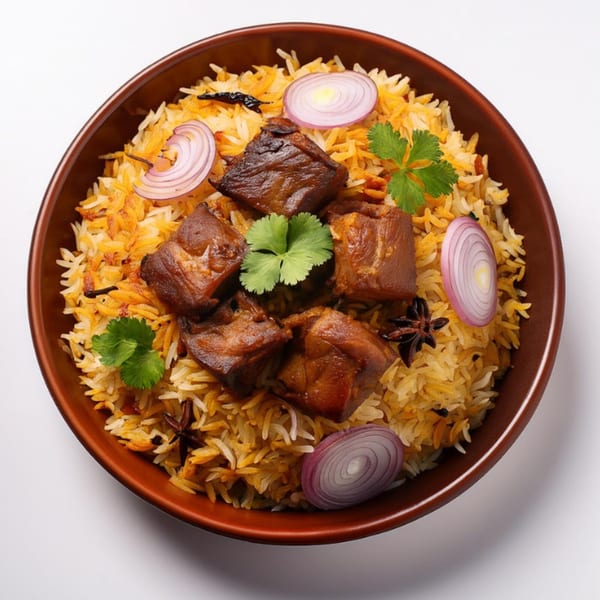 Maharaja Indian Cuisine's flavorful biryani with tender meat, garnished with red onions and cilantro.