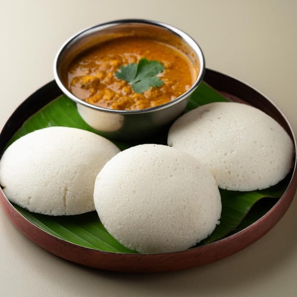 Three fluffy white idlis on a banana leaf with a bowl of orange sambar, garnished with cilantro.