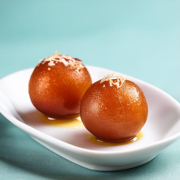 Two glistening gulab jamun, topped with shredded coconut, rest in a white dish.