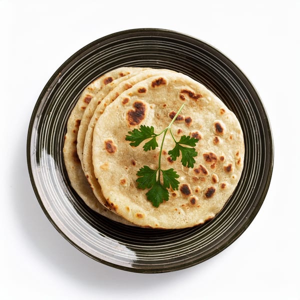 Stack of warm, round Indian flatbreads, garnished with fresh parsley on a dark plate.
