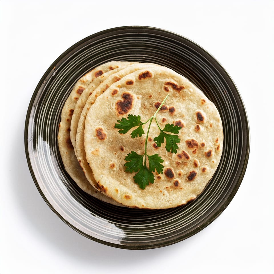 Stack of warm, round Indian flatbreads, garnished with fresh parsley on a dark plate.