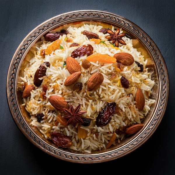 Maharaja Indian Cuisine's flavorful rice dish with almonds, dates, raisins, and star anise in a silver bowl.