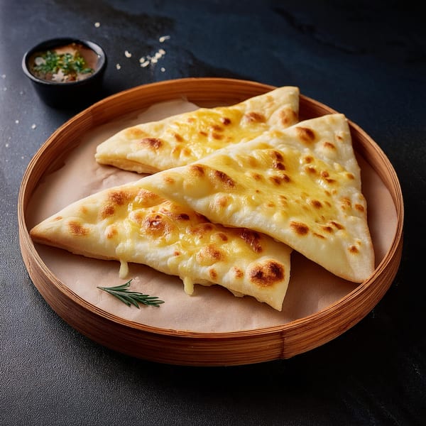Two cheesy naan bread triangles on a wooden tray with a small bowl of sauce.