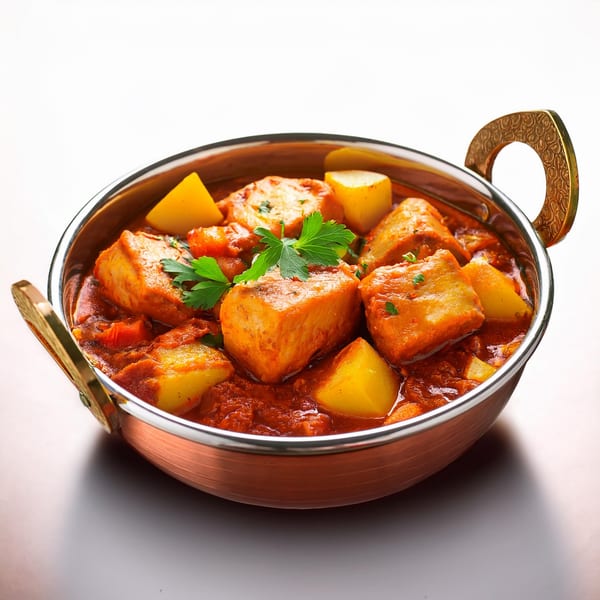 Maharaja Indian Cuisine's paneer and potato curry in a copper serving bowl, garnished with cilantro.